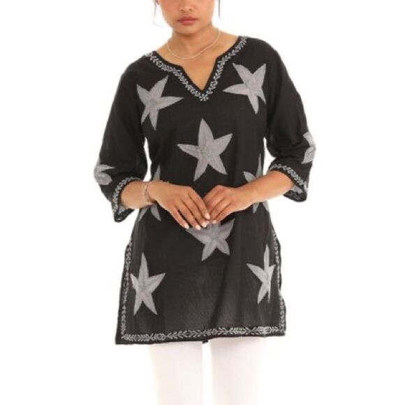 Embroidered Starfish Three-Quarter Sleeve Tunic /Swim coverup NWOT XL Black/Gray - Picture 1 of 13